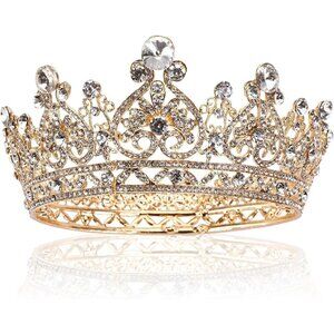 Women's Gold Full Round Diamond Crystal Bridal Wedding Crowns Tiaras Headband